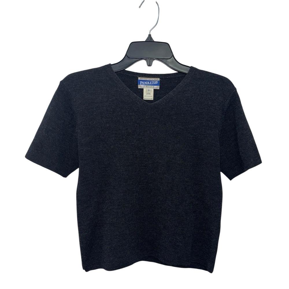 VTG Pendleton Petite S 100% Virgin Wool‎ Short Sleeve V-Neck Knit Top Charcoal